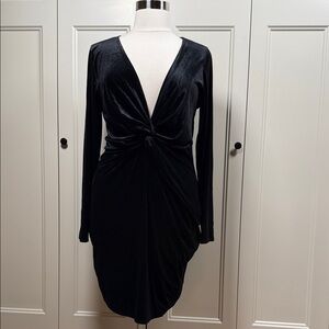 Libian Velvet Black Long Sleeve Dress with Knot Detail